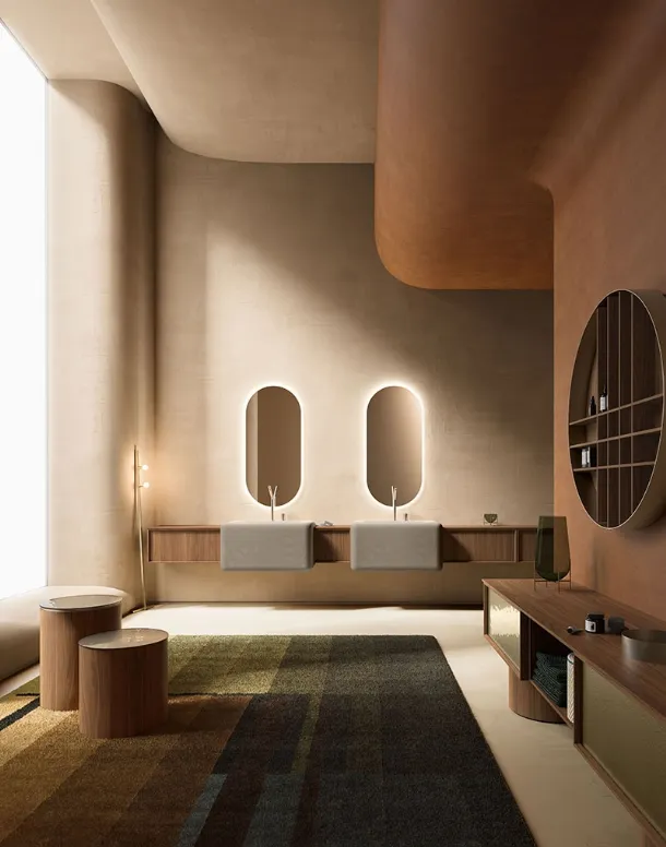 Mobile da Bagno Des Evolution Caramel 02 in Noce Canaletto con lavabi in resina di Cerasa