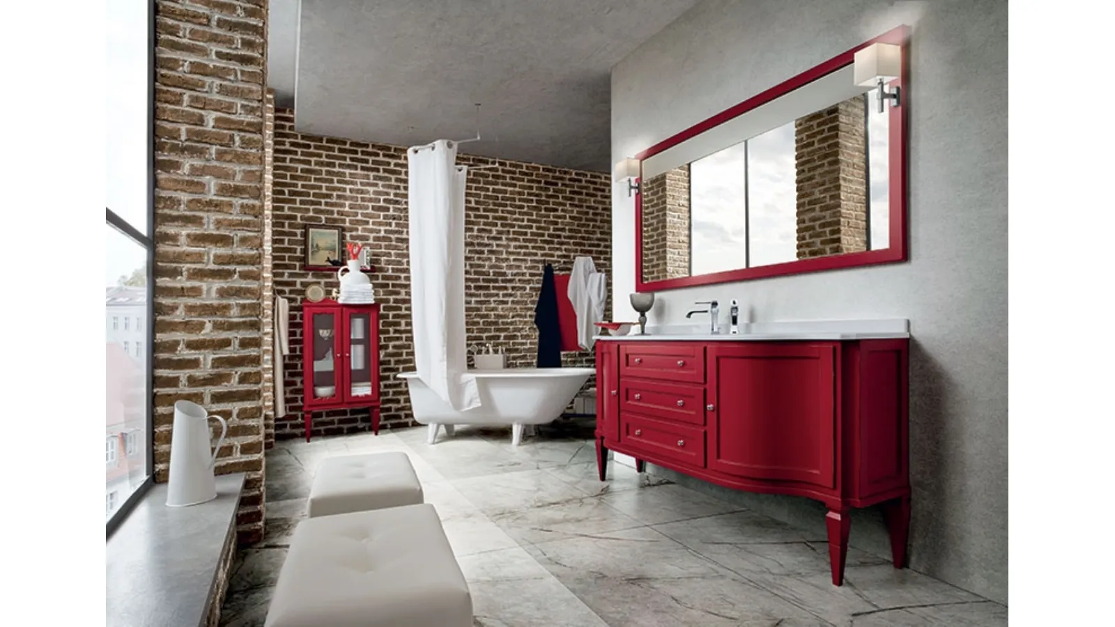 Mobile da Bagno York 03 in laccato Rosso usurato di Cerasa