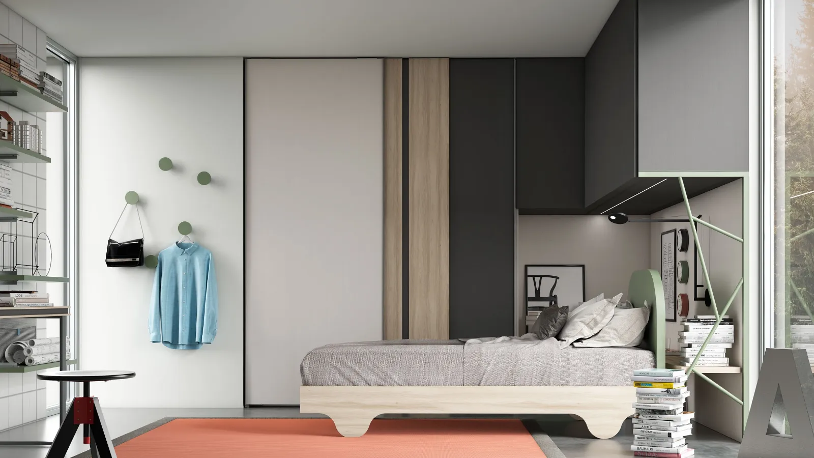 Cameretta a ponte in melaminico olmo e laccato opaco Geometricalway 01 di Mariani Plus