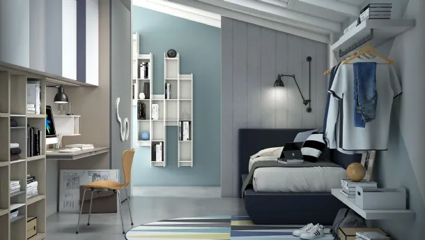 Cameretta a ponte con scrivania in laccato opaco e melaminico e letto in tessuto Youngflavour 01 di Mariani Plus