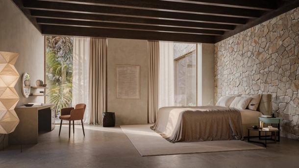 Letto matrimoniale in tessuto imbottito con box contenitore Camille di Lema