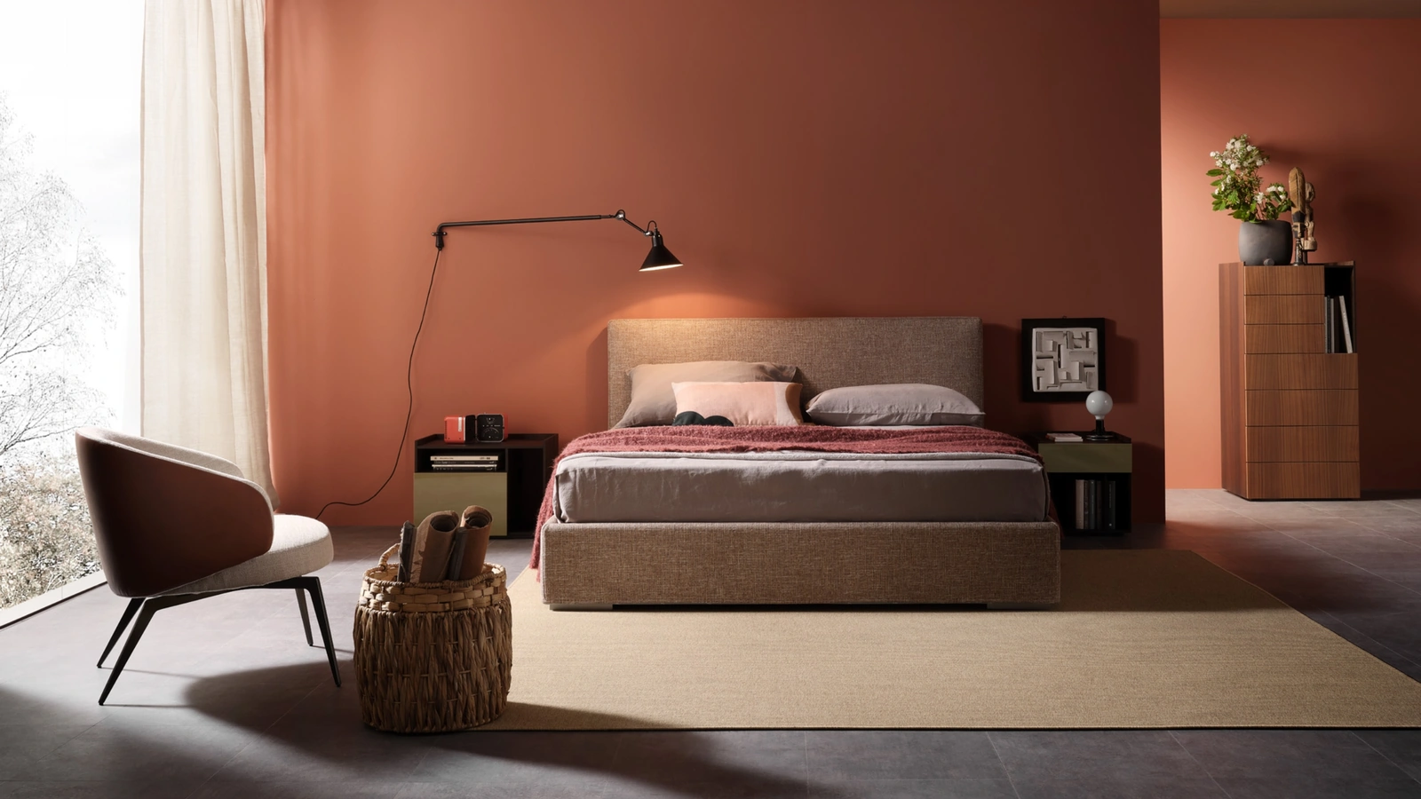 Letto matrimoniale in tessuto imbottito con box contenitore Camille di Lema