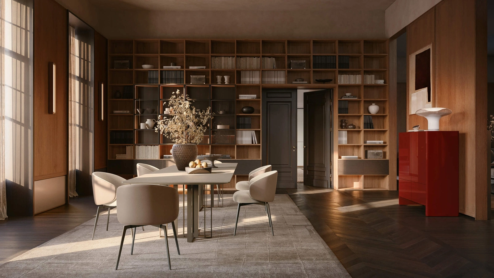 Libreria a muro in legno e laccato Selecta di Lema