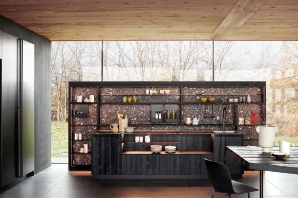 Cucina Design Maxima 2|2 Natural Sharing  in essenza anticata Tabià Nero con isola di Cesar