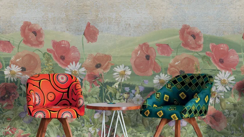Carta da parati con un variopinto giardino fiorito In My Bloom di Instabilelab