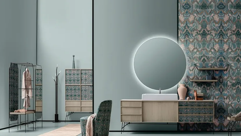 Mobile da Bagno Des in Noce Chiaro con tessuto decorativo di Cerasa