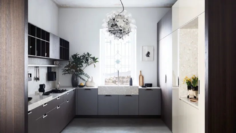 Cucina Design ad angolo Maxima 2-2 Rational Levity con ante in melaminico Lutezio e pensili in rovere termocotto di Cesar